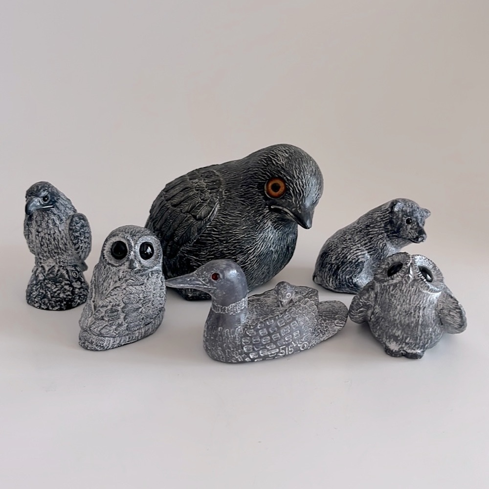 Set of 6 Canadian Carved Soapstone Figurines  Bear, Bird, Owls, Duck & Duckling